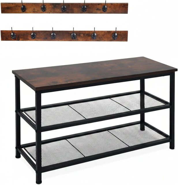 Relaxdays Schuhregal mit Garderobe Set im Industrial-Style aus Metall und MDF, Schwarz und Dunkelbraun, B/T/H: 45 x 30 x 80 cm - Bild 1