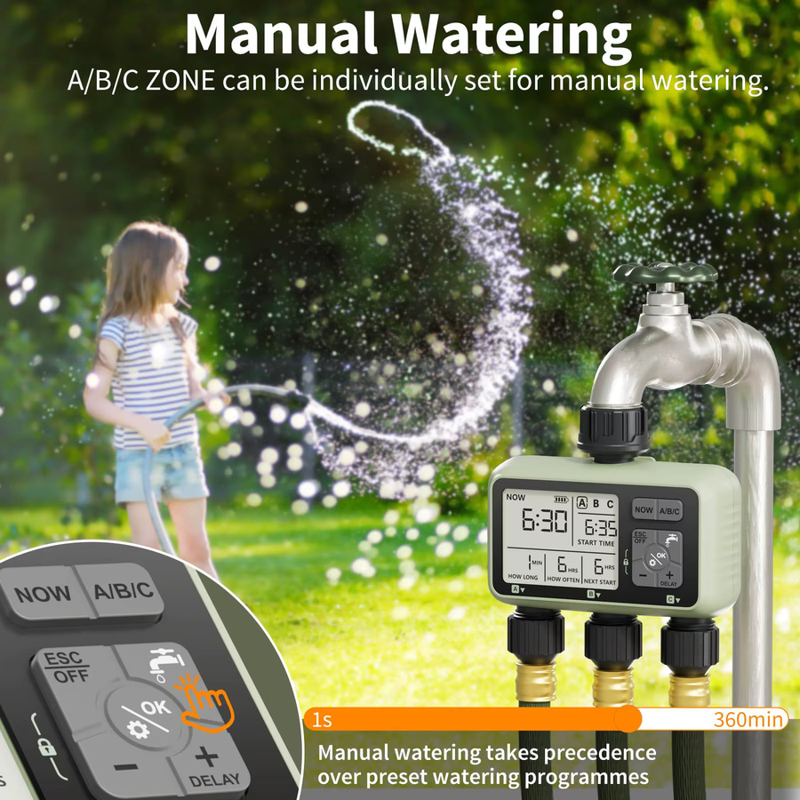 Diivoo Gartenwasser-Timer mit programmierbarer 3-Zonen-Bewässerung und Regenverzögerung für Rasen und Hof - Bild 5