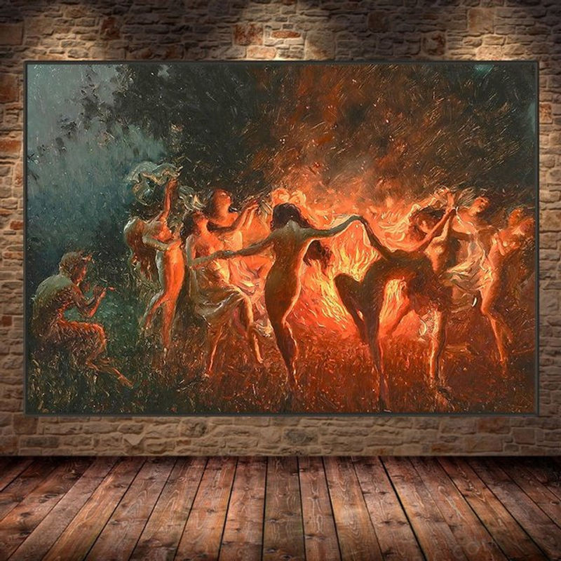 Joseph Tomanek Leinwandgemälde Hexen Nymphe Feuertanz Vintage Wandbild Mehrfarbig - Bild 1