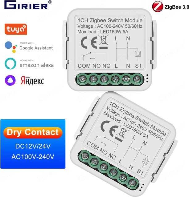 GIRIER Tuya Smart ZigBee Switch Modul 5A Trockenkontakt Universal Breaker Relais in Weiß, kompatibel mit Google Home und Alexa, DC 12/24V und AC 100-240V - Bild 1