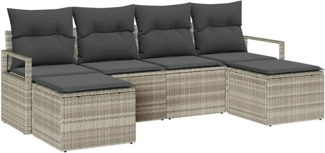 vidaXL Garten-Sofa-Set 6-teilig aus Poly-Rattan in Hellgrau mit Polstern und Fußhockern - Bild 1