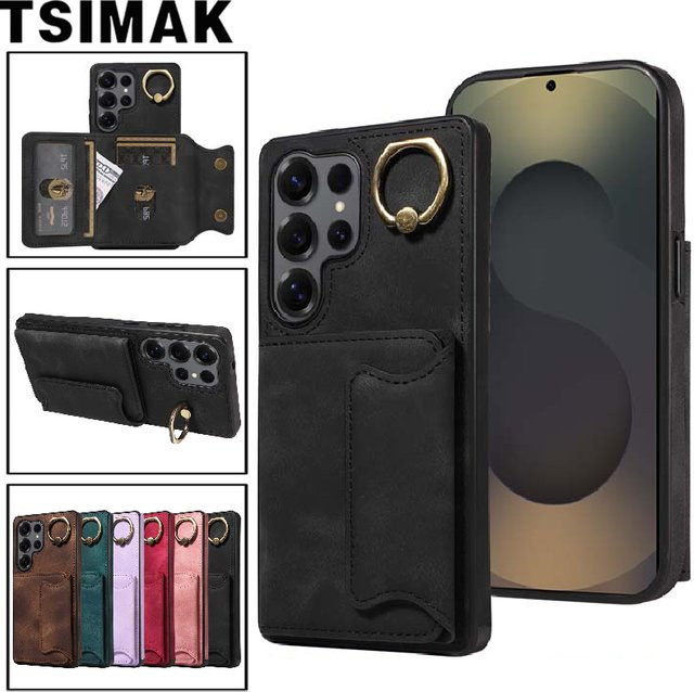 Leder-Wallet-Tasche für Samsung Galaxy S25 Ultra S24 Plus S23 S22 S21 FE A15 A25 A35 A55 mit Kartenfächern und Ringhalter in Schwarz - Bild 1