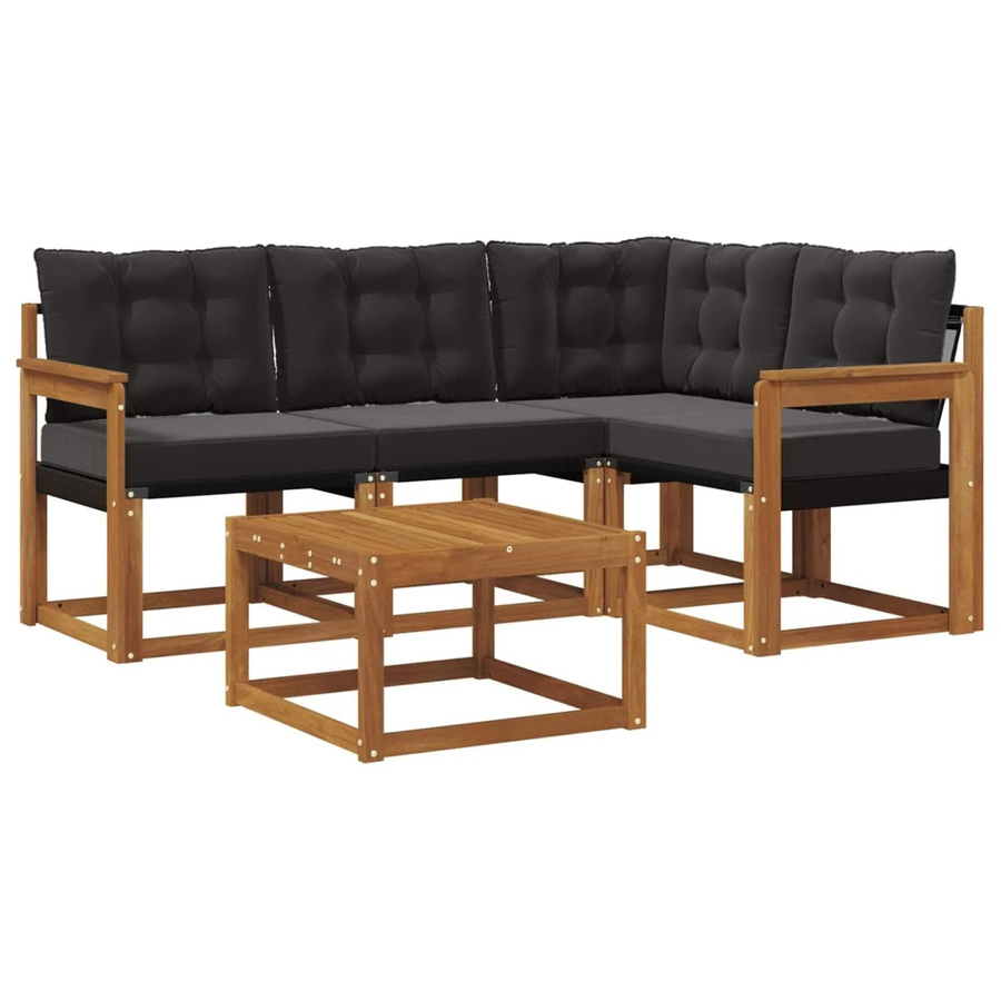 vidaXL Outdoor-Sofagarnitur 5-tlg. in L-Form aus Akazienholz mit Kissen und Couchtisch, Braun und Schwarz - Bild 2