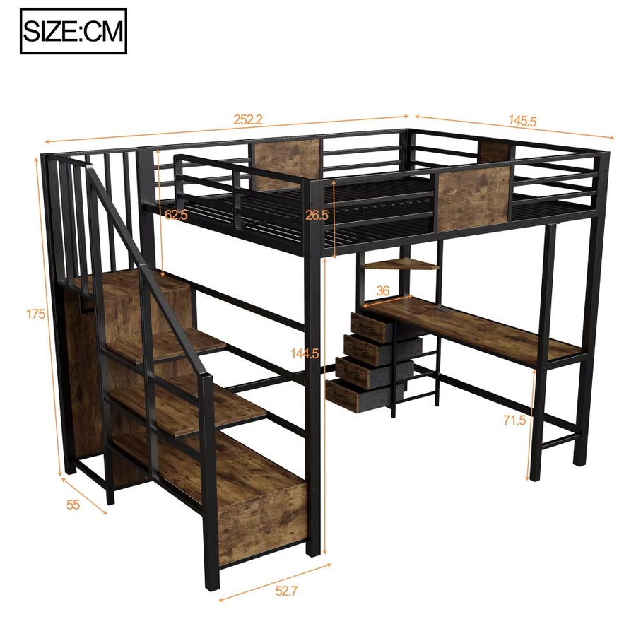 Multifunktionales Metall-Hochbett in Schwarz mit integriertem Schreibtisch, Kleiderschrank, Staufächern, LED-Beleuchtung und USB-Steckdose, B/T: 140 x 200 cm - Bild 4