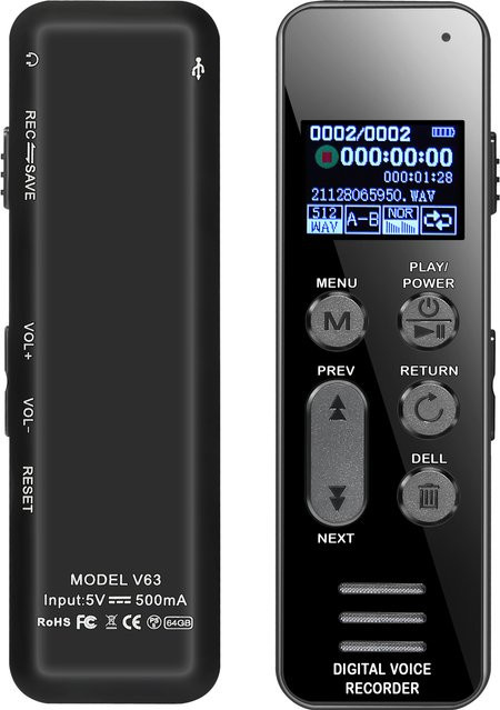 Vandlion V63 HiFi-Diktiergerät in Schwarz mit Sprachaktivierung, Geräuschreduzierung und 1050 mAh Akku - Bild 1