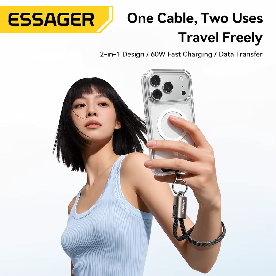 Essager 60W Typ-C-auf-Typ-C-Ladekabel mit Lanyard in Schwarz für iPhone, Samsung, Xiaomi und Huawei - Bild 2