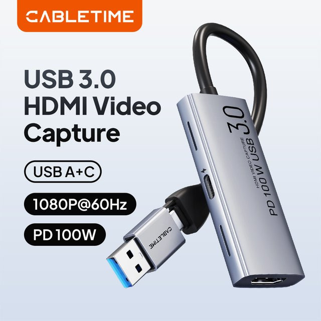 CABLETIME USB 3.0 Video-Capture-Card mit HDMI, 4K UHD & 1080p Full HD, PD 100W, 5Gbps, Farbe: Silber - Bild 1