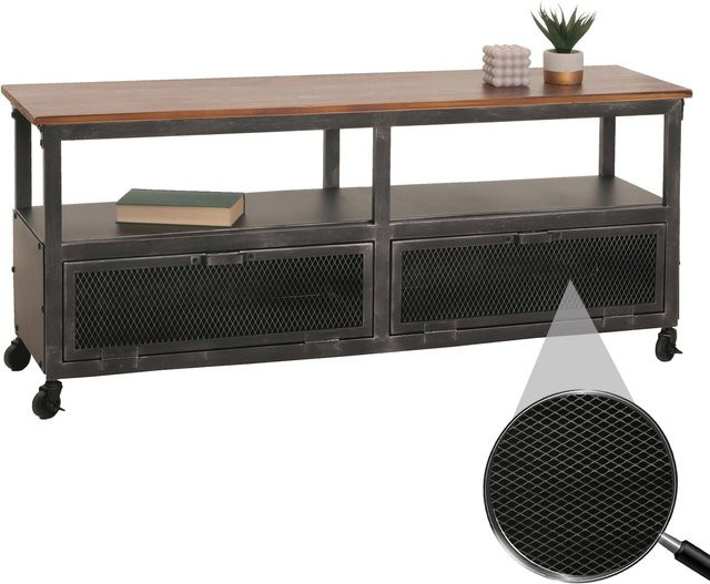 MCW Lowboard N28 Industrial Retro TV-Rack aus Metall und Holz mit 3D-Struktur und Rollen, Schwarz Braun, B/T/H: 130 x 36 x 55 cm - Bild 1