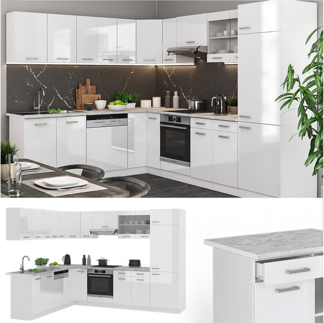 Vicco R-Line Eckküche in Weiß Hochglanz als Einbauküche ohne Arbeitsplatte und Elektrogeräte B/T: 227 x 287 cm - Bild 1