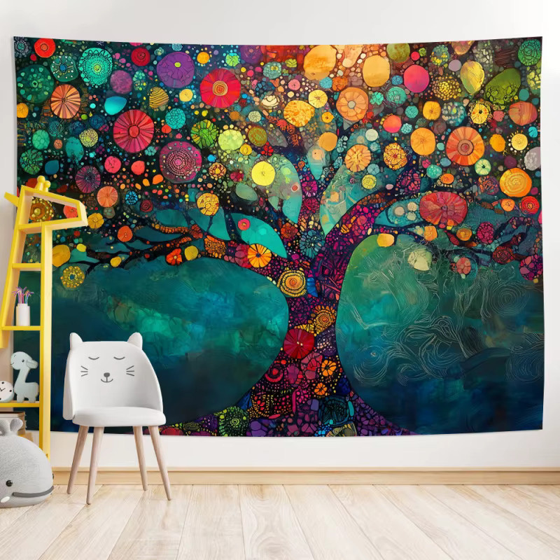 VIKAMA Wandteppich Baum des Lebens in Pop-Art Optik, bunter floraler Stoff-Wandteppich für dein Wohnzimmer - Bild 4