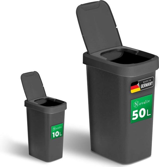 Novaliv Abfalleimer-Set aus Kunststoff in Anthrazit mit 2in1 Klapp- und Schwingdeckel sowie Geruchsschutz, 10 l und 50 l - Bild 1