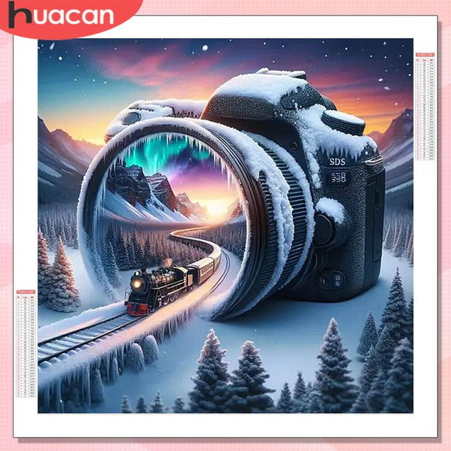 HUACAN 5D Diamantmalerei Winter Landschaft mit Zug als runde Wanddekoration im Mosaik-Stil, Mehrfarbig - Bild 1