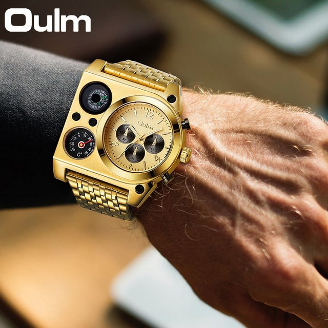 Oulm Armbanduhr Quarz, Kompass, Temperatur Display, Edelstahl, Gold, Herren - Bild 1
