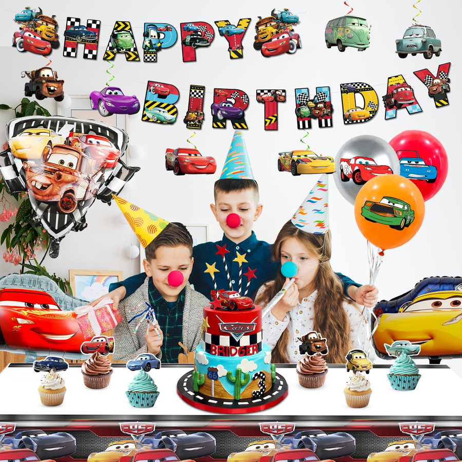 38-teiliges Cartoon Geburtstagsparty Dekorationsset von Party World in Schwarz und Rot mit Banner, Tischdecke, Ballons und Tortenaufsatz für Kinder - Bild 5