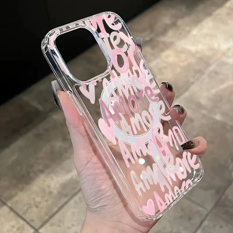 Amore-Love Romantische Handyhülle für Apple iPhone mit rosa Schriftzug, transparent und pink, magnetische kabellose Ladeabdeckung - Bild 2