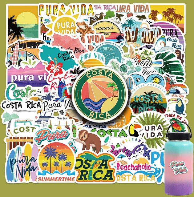 50 Stück Costa Rica Pura Vida Aufkleber Set von Binchi Outdoor Product in Mehrfarbig für Laptop, Wasserflasche und Skateboard - Bild 1