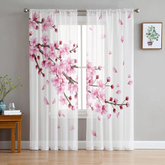 Yiran Furniture Chiffon-Vorhänge Kirschblüten-Pflaumenzweig in Rosa und Weiß, transparentes Voile-Set mit Rod Pocket, B: 135 cm, H: 274 cm, 2 Stück - Bild 1