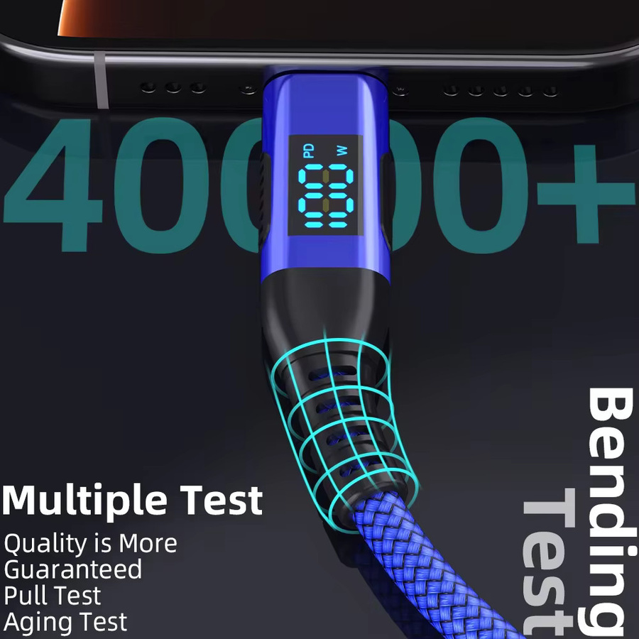 LAIHONEN USB C auf USB C Kabel mit LED-Anzeige, geflochtenes Nylon PD Schnellladekabel für iPhone 15 Pro und Samsung, Blau, 100 W - Bild 3