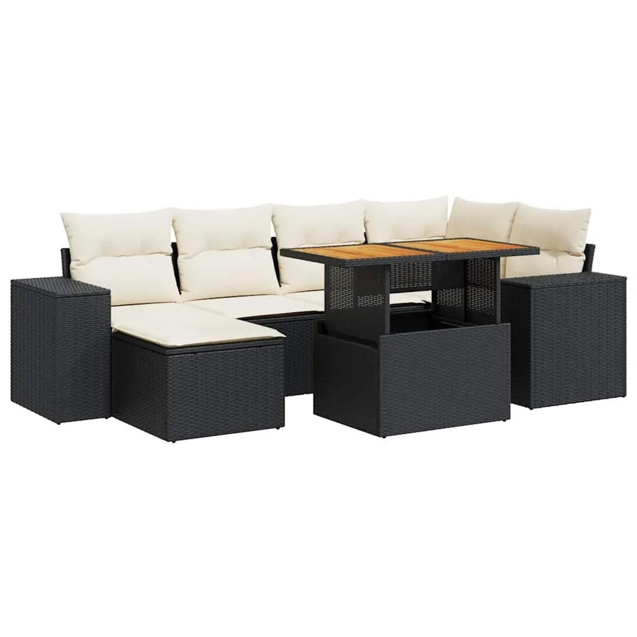 vidaXL 7-teilige Garten-Sofagarnitur in L-Form aus Polyrattan und Akazienholz mit Kissen in Schwarz-Creme - Bild 2