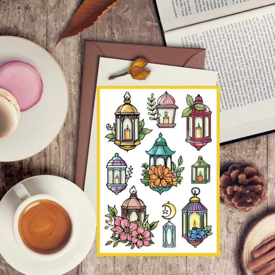 Transparenter Gummistempel mit Vintage-Motiven von Kerzenlampe, Blumen, Mond und Sternen für die Kartenherstellung, Farbe: Transparent - Bild 3