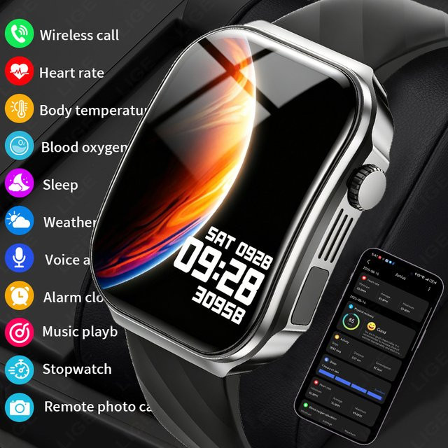 LIGE Smartwatch, 2,2 Zoll AMOLED Curved Display, Schwarz, Silikon - Bild 1