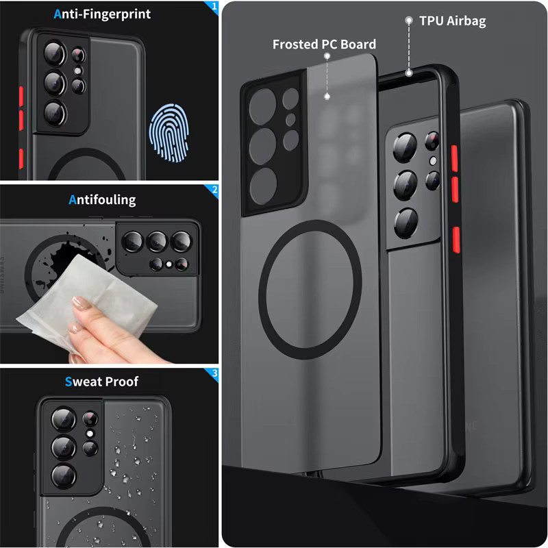 Stoßfeste MagSafe Wireless Charge Hülle für Samsung Galaxy S25 Ultra S24 S23 S22 S21 FE S25 Plus in Schwarz mit matter Rückseite - Bild 4