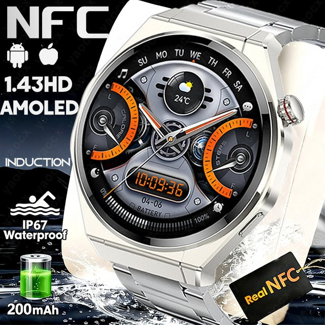 Yaocx NFC Smartwatch mit 1,43 Zoll HD-Display, Herzfrequenzmessung, Musikplayer, Sprachassistent, Bluetooth-Anruffunktion und IP67 Wasserdichtigkeit, Schwarz, Unisex - Bild 1