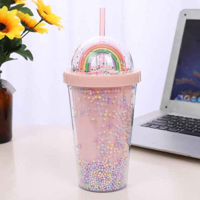 Zeling Sen Serie Trinkbecher aus Kunststoff mit Stroh in Regenbogen-Optik und Perlen-Design, Grau und Pink - Bild 1