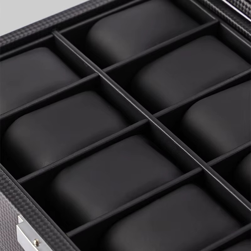 DOKW Uhrenbox-Organizer aus schwarzem PU-Leder mit Kohlefaser-Optik, doppellagig mit 24 Fächern und quadratischem Glasdeckel zur Schmuckaufbewahrung - Bild 5