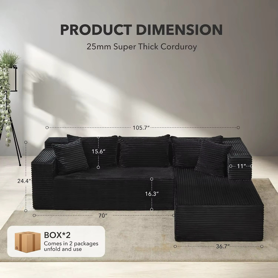 Garvee L-förmiges modulares Ecksofa in Schwarz mit weichem Cord-Bezug und breiter Sitzfläche für dein Wohnzimmer - Bild 2