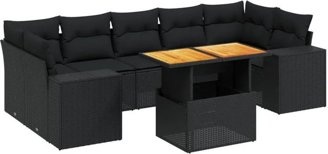vidaXL 8-tlg Garten-Sofagarnitur in L-Form aus schwarzem Poly-Rattan mit Kissen und pulverbeschichtetem Stahlrahmen - Bild 1