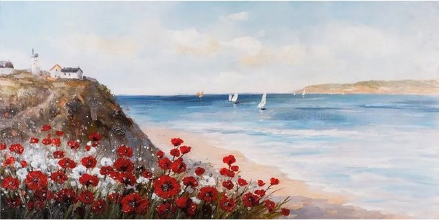 Art Universe Leinwandbild Mohn am Meer, modernes Naturmotiv in Blau und Mehrfarbig, B: 70 cm, H: 140 cm - Bild 1