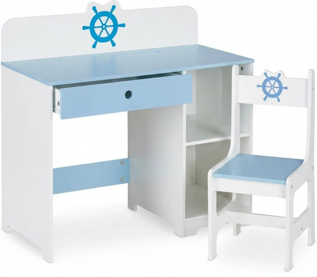 Relaxdays Kinderschreibtisch mit Stuhl im Seefahrt-Design aus MDF, Weiß und Blau mit Aufbewahrungsfächern, B/T/H: 79,5 x 80 x 40 cm - Bild 1
