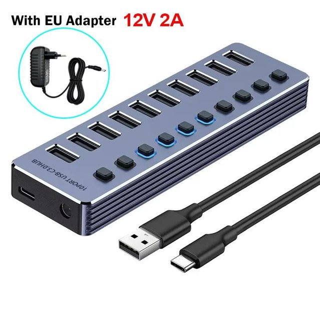 ORICO USB 3.0 Hub mit 10 Ports und Ein/Aus-Schalter, grauer USB-Splitter mit EU-Netzadapter für Laptop - Bild 1