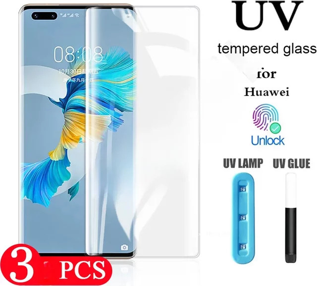3 Stück UV-gehärtetes Schutzglas mit Vollkleber für Huawei Nova 7, 8, P30, P40, Mate 20, 30, 30E, 40 Pro, Plus, RS, 40E in Transparent - Bild 1