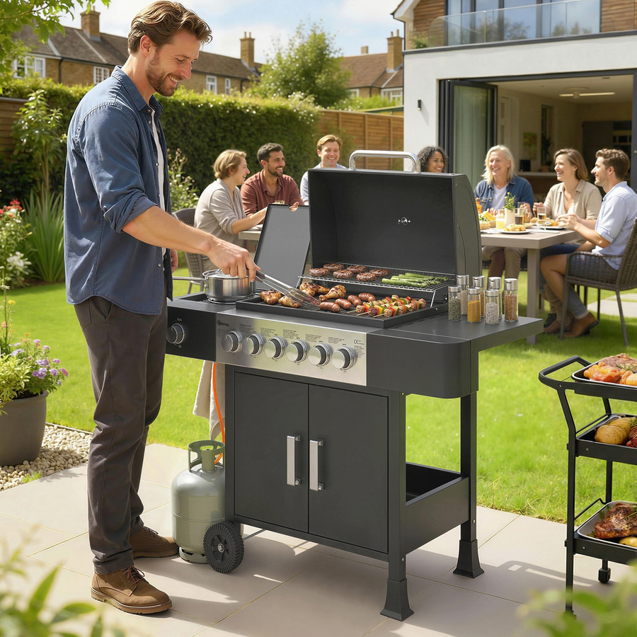 Outsunny Gasgrill aus Edelstahl mit 6+1 Brennern, Seitenbrenner, Thermometer und Rollen, Farbe: Schwarz, B/H/T: 51 x 101 x 135 cm - Bild 2