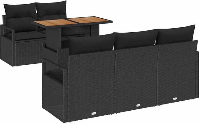 vidaXL Garten-Sofa-Set 6-teilig Schwarz mit Kissen und Stauraum aus pulverbeschichtetem Stahl und Akazienholz - Bild 1