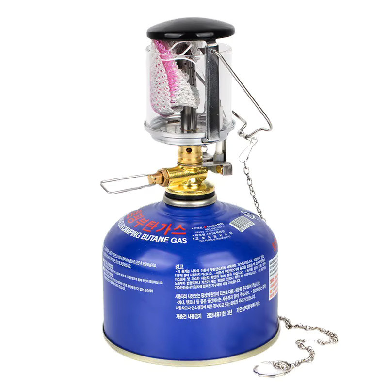 Camping Mini-Gaslaterne als Zeltbeleuchtung und Heizlampe aus Metall in Silber mit transparentem Glas - Bild 2