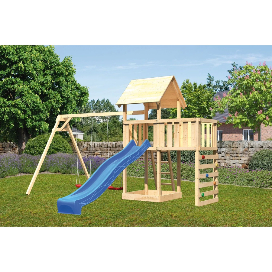 Karibu Spielturm Lotti mit Doppelschaukel, Anbauplattform, Kletterwand und Rutsche in Blau - Bild 2