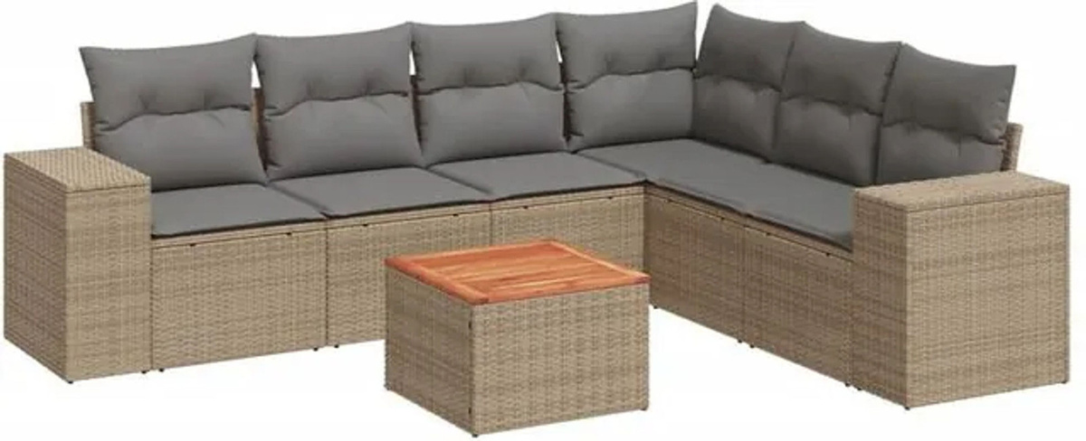 7-tlg. Garten-Sofagarnitur mit Kissen aus Polyrattan und Akazie in Beige von vidaxl - Bild 1
