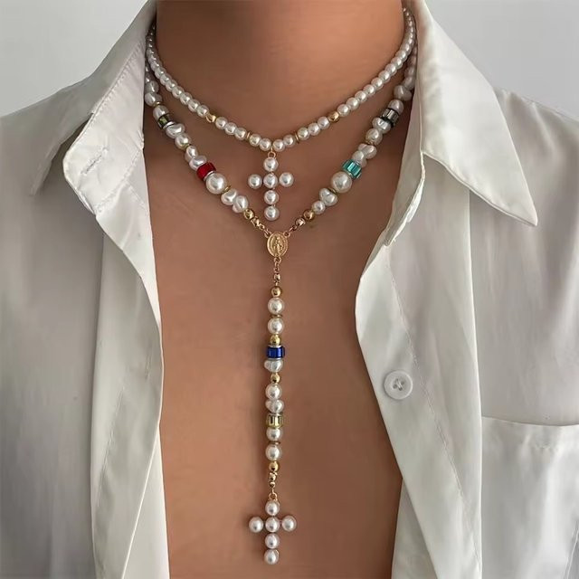 imixlot Halskette mit Perle und Kreuz Anhänger, Gold, Damen - Bild 1