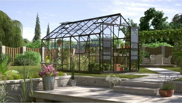 Vitavia Gewächshaus Jupiter 11500 mit Satteldach aus Aluminium und Sicherheitsglas in Schwarz mit 11,5 m² Fläche und Fundament - Bild 1