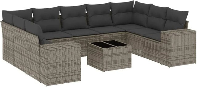 vidaXL 10-tlg. Garten-Sofagarnitur in L-Form aus Poly-Rattan mit Kissen in Grau - Bild 1
