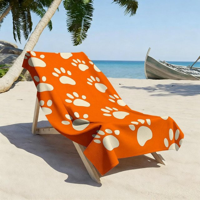 Niedliches Strandtuch mit Pfotenabdruck aus weicher Mikrofaser, schnelltrocknend und hochsaugfähig, Weiß-Orange, B: 89 cm, H: 183 cm - Bild 1