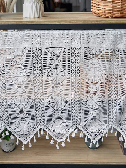 Weiße halbtransparente Küchenvorhänge mit Stangenösen, halbhohe Voile-Gardinen als Stoffpanel, Höhe: 150 cm - Bild 1