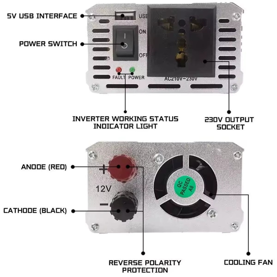 CLOS AC Reiner Sinus-Wechselrichter 12V auf 230V 220W Konverter in Silber mit USB-Ausgang und Steckdose - Bild 4