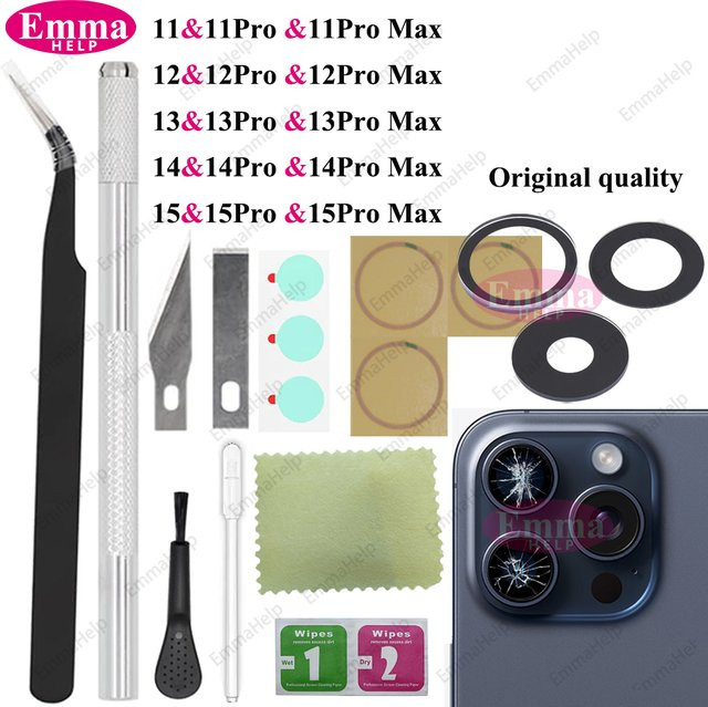 Original Saphir Rückkamera-Objektivglas Set für Apple iPhone 15 14 13 12 11 Pro Max Plus Mini inklusive Klebstoff und Reparatur-Werkzeugset - Bild 1