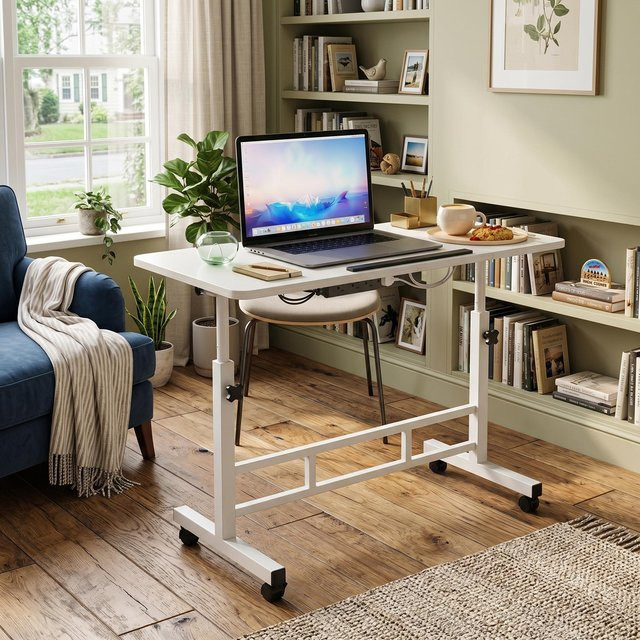 HiMiss Höhenverstellbarer Mobiler Schreibtisch mit 180 Grad Drehbarer und Zusammenklappbarer Tischplatte, Laptop-Tisch mit Rollen für Home Office und Schlafzimmer, Schwarz oder Weiß - Bild 1
