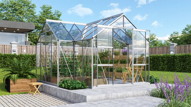 Vitavia Gewächshaus Sirius aus eloxiertem Aluminium mit 13 m² Fläche und 3 mm ESG-Glas inklusive Fundament - Bild 1