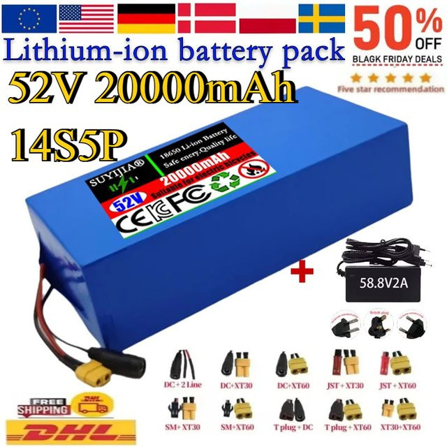 SUYIJIA Lithium-Ionen-Akku 14S5P 52V 20000mAh mit BMS für Elektro-Scooter und Mountainbikes inklusive Ladegerät, Blau - Bild 1